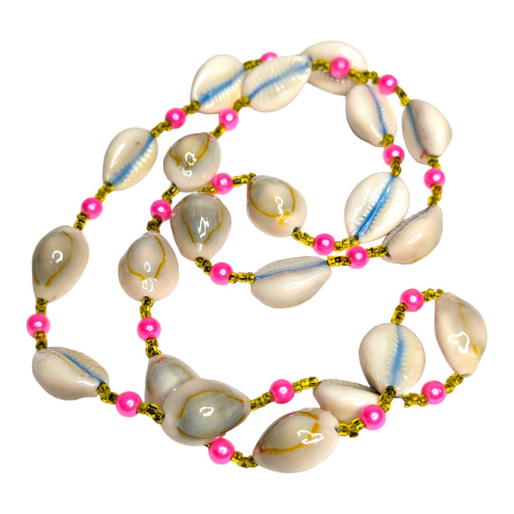 Hawaiian White & Blue Cowrie Sea Shell Necklace with Pink Faux Pearls Vtg - Picture 3 of 6